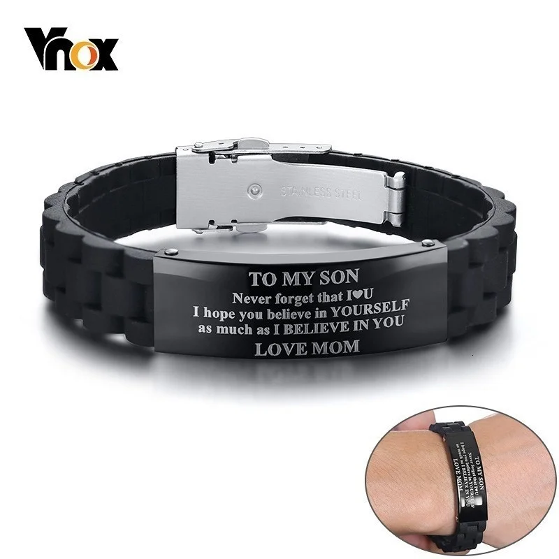 Vnox To My Son Courage Is Not The Absence Love Mom DAD Bracelets for Men Male Boy Stainless Steel Silicone Sports pulseira