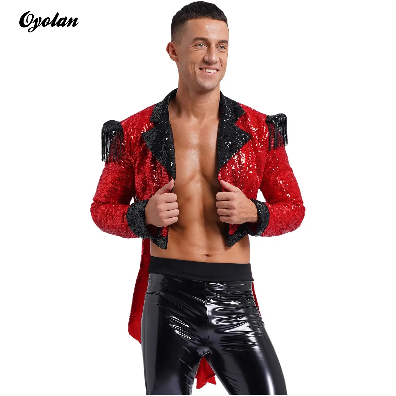 Mens Circus Ringmaster Magician Showman Halloween Costume Sparkling Sequin Circus Tuxedo Fringed Epaulette Swallow-Tailed Coat