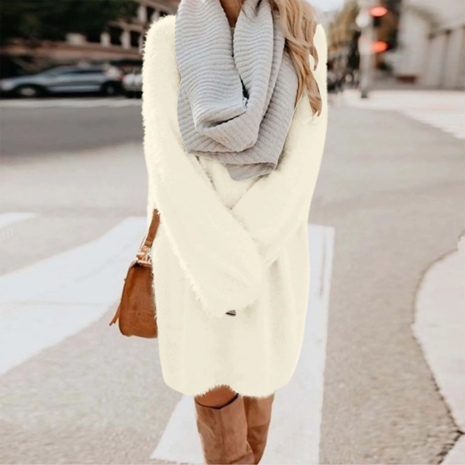 Winter Warm Women Elegant Sweater Dress 2024 New Knitted Long Sleeve Loose Crew Neck Versatile Pullover Sweater Dress Furry Tops