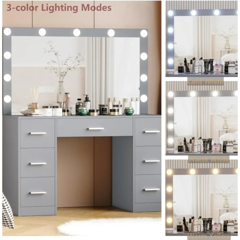 Vanity Desk, Lighted Mirror, 3 Color Lighting Modes, Dressing Table with Drawers, Bedroom Vanity Table Set for Women image 4