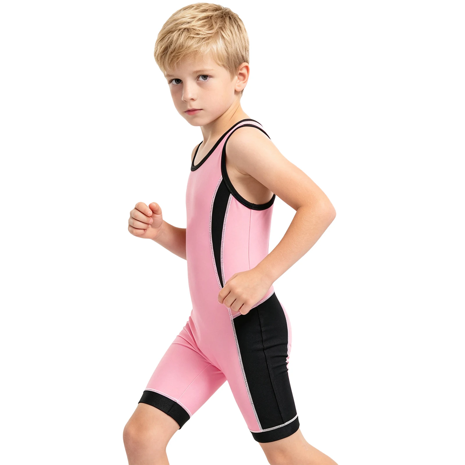 Kinder-Ringertrikot für Jungen und Mädchen, farbblockiert, schnelltrocknend, ärmellos, Oberschenkel-lange Bodysuit für Sport, Training, Übungen und Radfahren – Detail 14