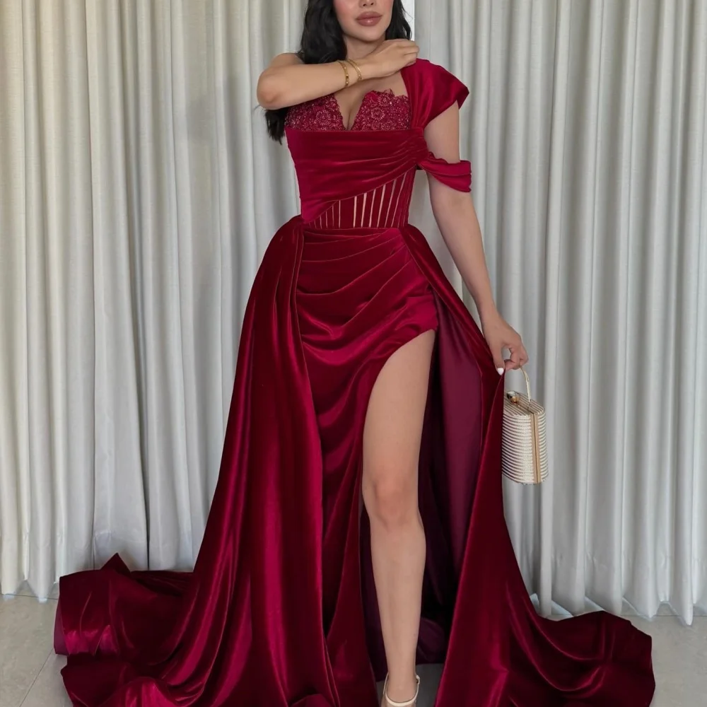 Amanda personalizado vermelho um ombro lantejoulas sem alças robes de soirée fenda lateral vestidos de festa de veludo até o chão vestido de baile 2024