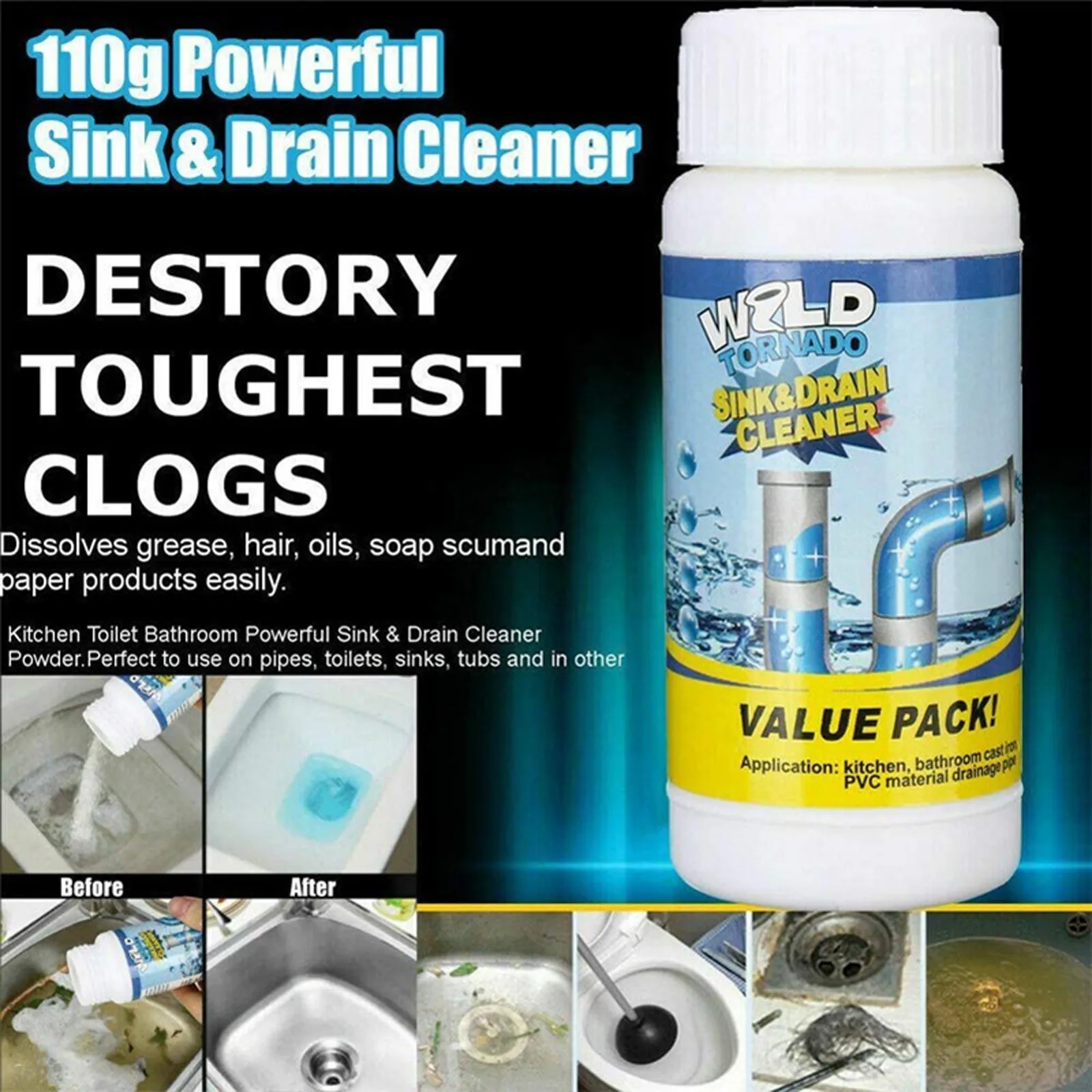 Household Wild Tornado Powerful Sink & Drain Cleaner Quick Foaming High Efficiency Remover Toilet Clogging Cleaning Tool #40