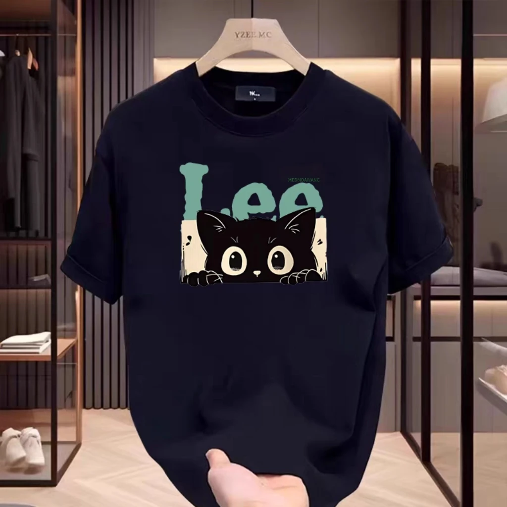 Fashionable Trendy Men's and Women's Summer Pure Cotton High-quality Loose Half Sleeved Top Cartoon Black Cat