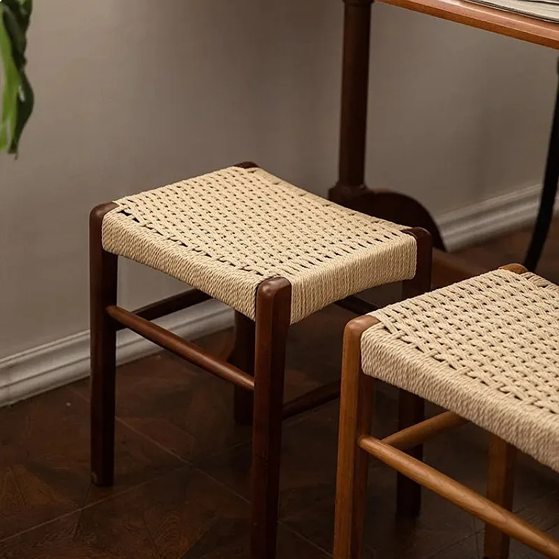 Mid-Century Solid Wood Stool Woven Rope Bench for Entryway Shoe Vanity Boho Decor