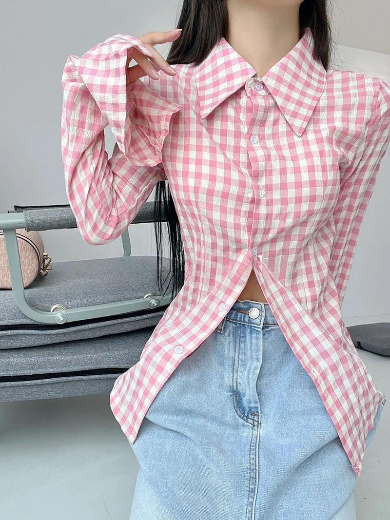 

Slim Fit Neck Plaid Long Sleeve Women's Shirt Spring Waist Cinching Inner Shirt Elegant Slit Flared Sleeve Top