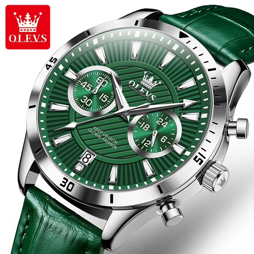 

OLEVS Brand Fashion Green Quartz Watch for Men Leather Waterproof Luminous Calendar Luxury Chronograph Watches Relogio Masculino