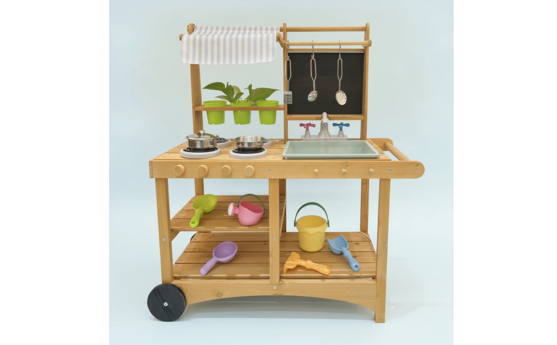 Toy Kitchen with Canopy Practical Pretend Kitchen with Wheels Playset Long-Lasting Safe for Children, Backyard, Daycare