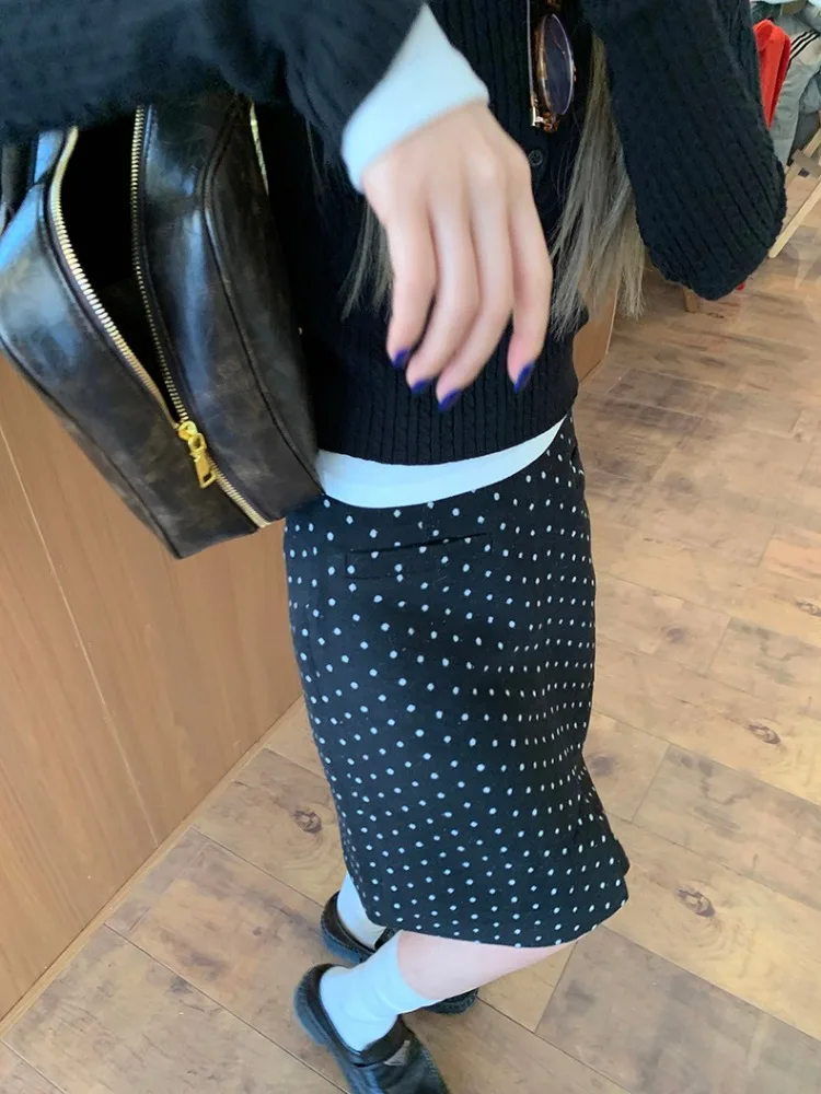 DEEPTOWN Black Midi Skirt Women Korean Fashion High Waist A-line Knee-length Split Slim Polka Dot Skirt Spring Summer Casual