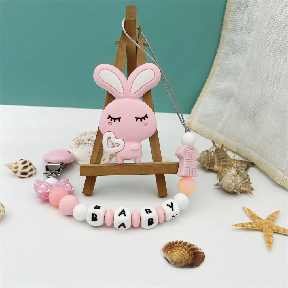 Personalized Letters Name Baby Luminous Beads Rabbit Silicone Pendant Pacifier Clips Chains Holder Teether Baby Kawaii Toy Gifts