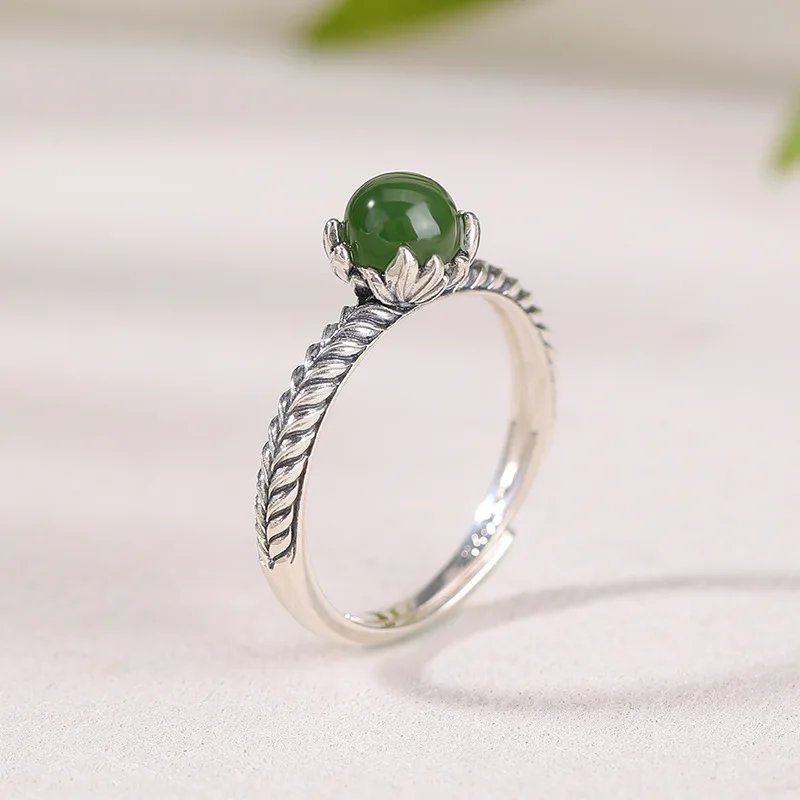Natural Hetian S925 Sterling Silver Jade Wheat Ear Round Bead Style Adjustable Ring