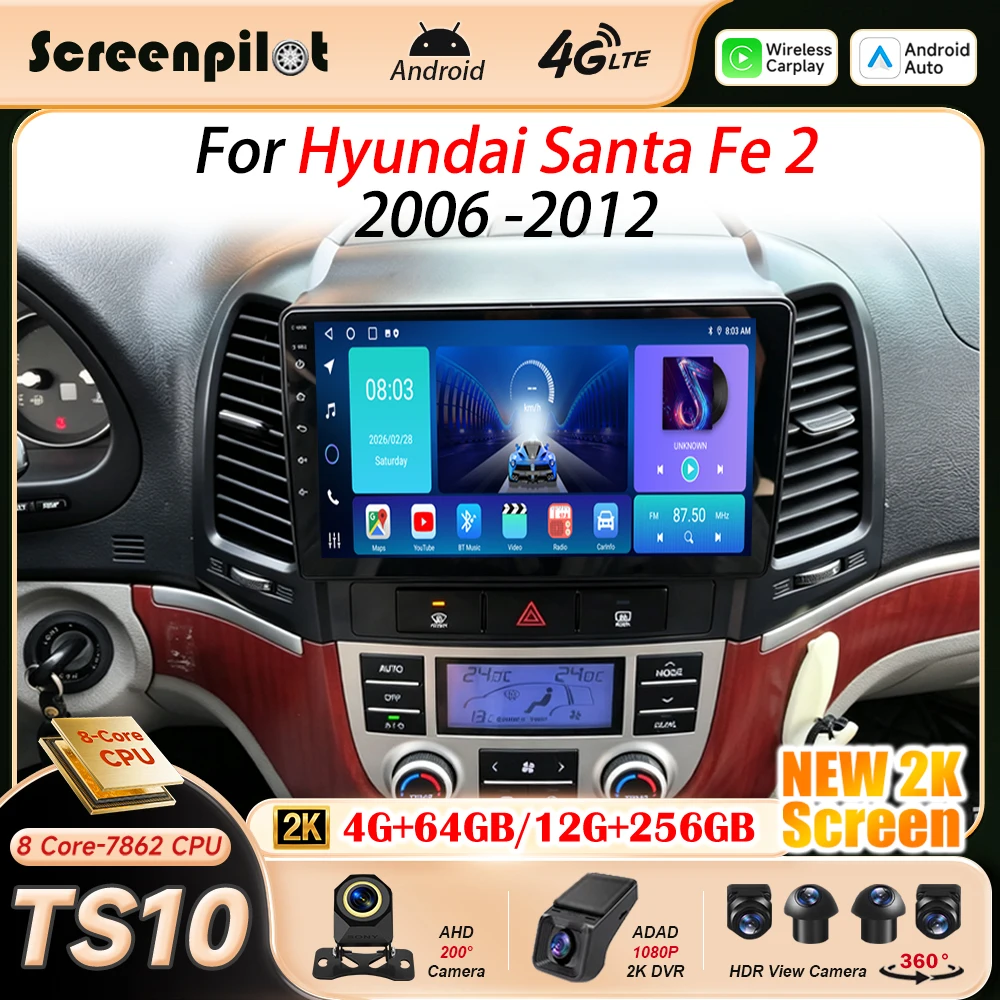 Android 16 Car Radio Stereo For Hyundai Santa Fe 2 2006 2007 2008 2009 2010 2011 2012 Multimidia Player GPS Carplay Android Auto