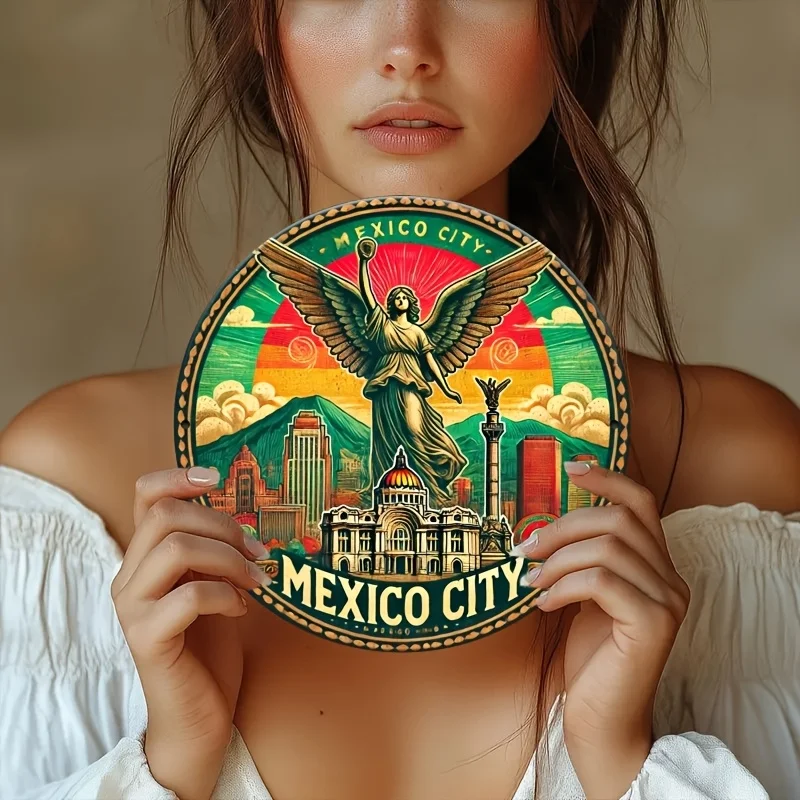 Ein rundes Holzschild mit der Aufschrift „Retro Mexico City“, geeignet für den Einsatz in Häusern, Zimmern und Restaurants.