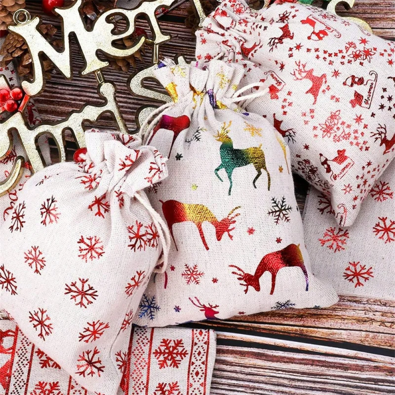 12 قطعة من أكياس هدايا عيد الميلاد من الكتان ذات الحافة الذهبية، تخزين حلوى مجوهرات العطلات، منظم صغير لحفلات الزفاف، لوازم يدوية ذاتية الصنع #1