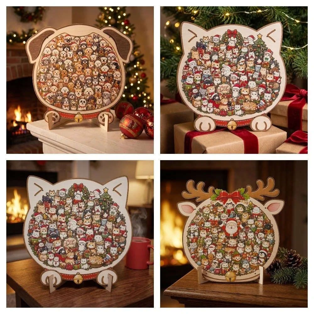 Wooden Christmas Dog Puzzle Three Dimensional Santa Pattern Puzzle Ornament Freestanding Irregular Shape Holiday Puzzle Ornament