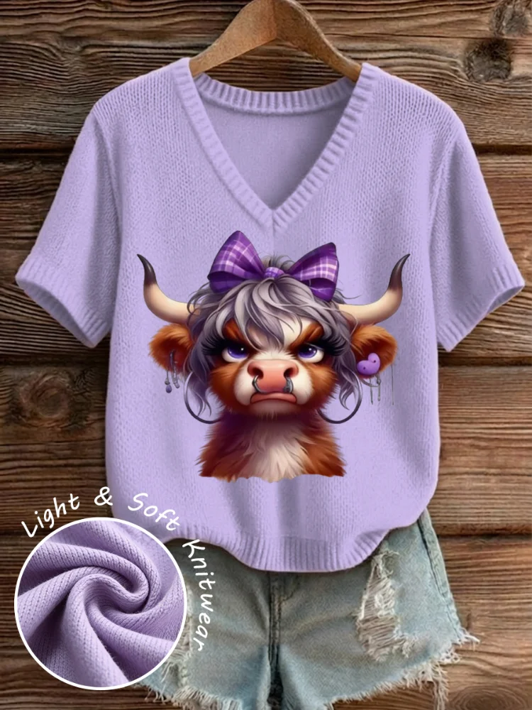 Women Cute Highland Cow With Purple Bow Graphic Knit T-shirt V Neck Short Sleeve Soft Light Knitwear Casual Summer Loose Tee Western Farm Animal Print Blouse