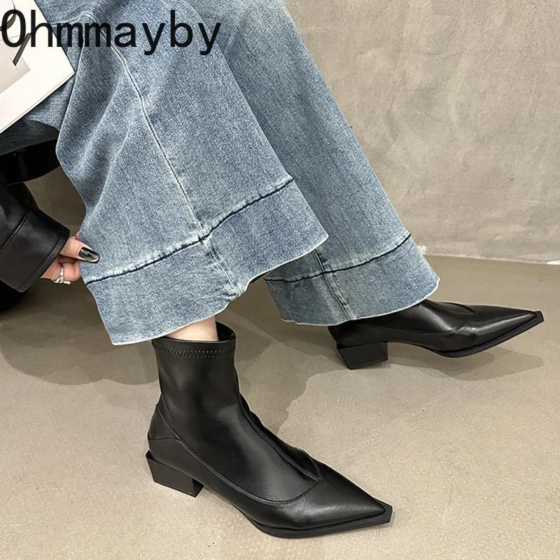 Vintage Pointed Toe Women Ankle Boots Fashion Elegant Soft Leather Shoes Autumn Winter Low Heel Women\'s Short Booties