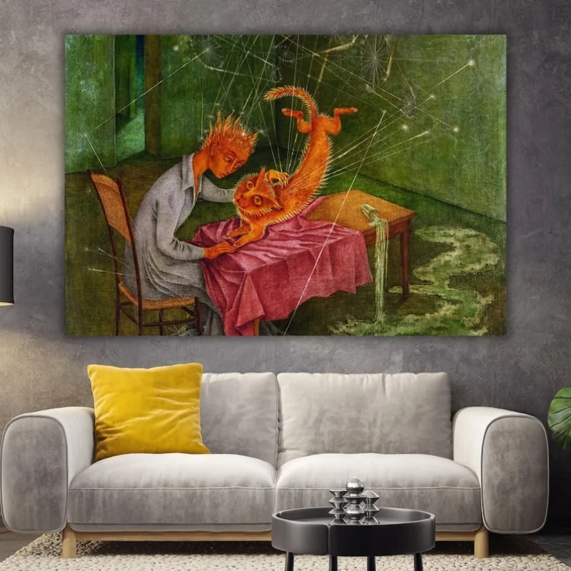 Impressão em Canvas Simpatía La Rabia Del, Gato de Remedios Varo, Pôster Pronto para Pendurar, Pintura de Gato Vintage Sem Moldura, Arte Fantástica