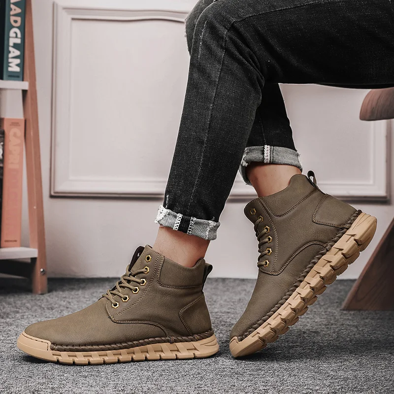 Autumn Winter New High Top Men's Shoes, Plus Size Outdoor Hand Stitched Lace-up Mid Boots, Fleece Lined Warm Cotton Boots