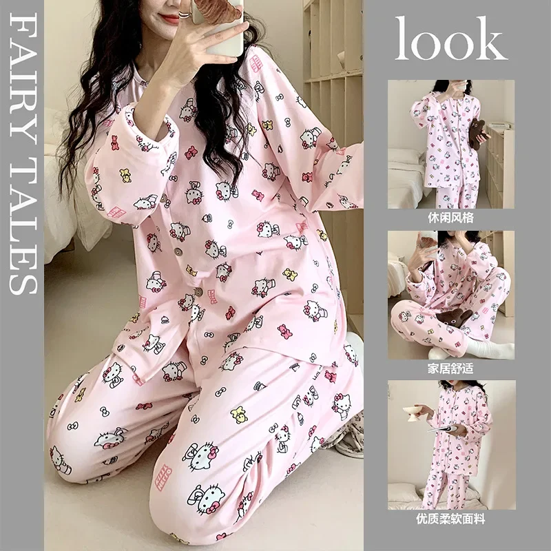 

Cute Sanrio Hello Kitty Dralon Women Pajamas Fall Winter Warm Homewear Cartoon Long-sleeved Pants Suit Sweet Loose Two-piece Set