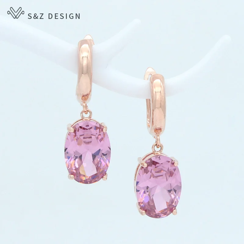 S&Z DESIGN New Oval 585 Rose Gold Color Cubic Zirconia Egg Shape Dangle Earrings For Women Girls Jewelry Wedding Party Gift