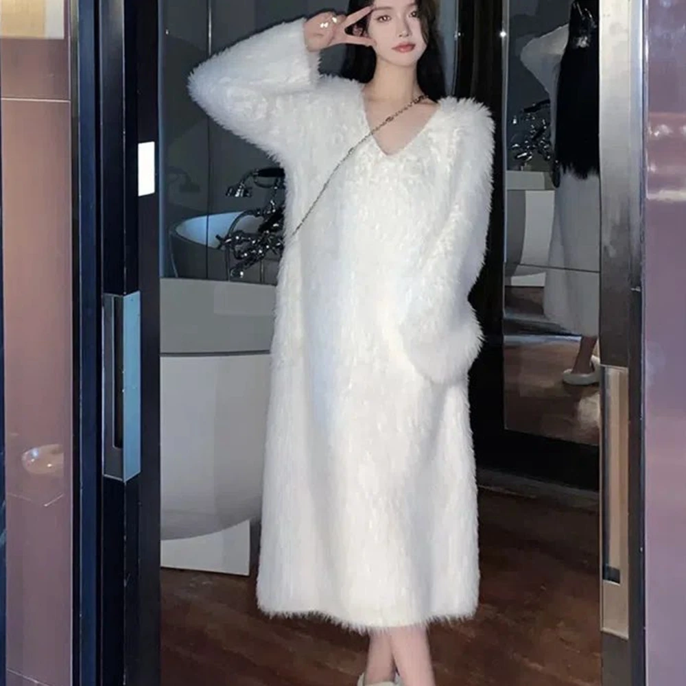 Plus Size 5XL 140KG Winter Women Fleece Sleep Dress Solid Color Nightdress V Neck Long Sleeve Home Wear Sweet Nightgown