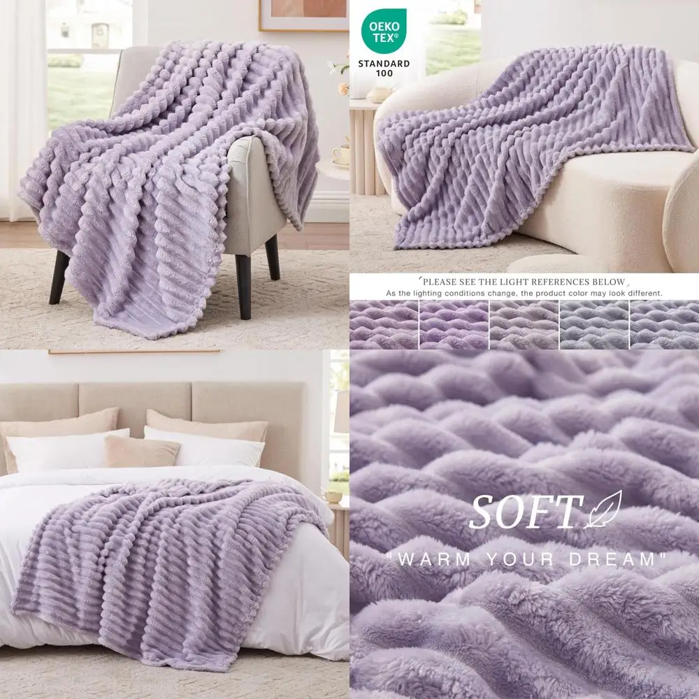 

fleece throw blanket for couch or bed - 3d stripe jacquard decorative blankets - cozy soft lightweight fuzzy flannel blanket su