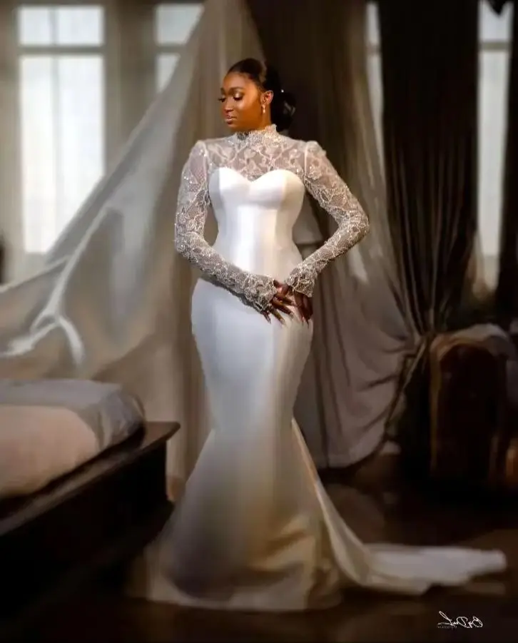 

Elegant Satin Mermaid Wedding Dress Long Sleeves Back Buttons Long Fitted Bridal Gowns Pretty Bride Formal Dress Customized