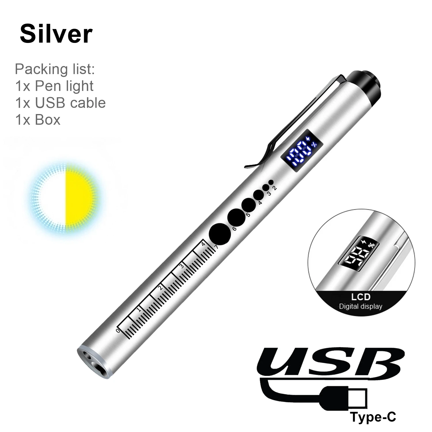 LCD 2-in-1 LED Mini Weiß/Gelb Stiftlicht Taschenlampe USB Wiederaufladbar Augen-Pupillenlampe Camping Kinder Notbeleuchtung Fackel