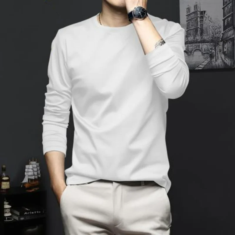 Camiseta de seda de hielo para hombre, prenda informal coreana, versátil, de manga larga, con cuello en V, delgada, a la moda, novedad de otoño,