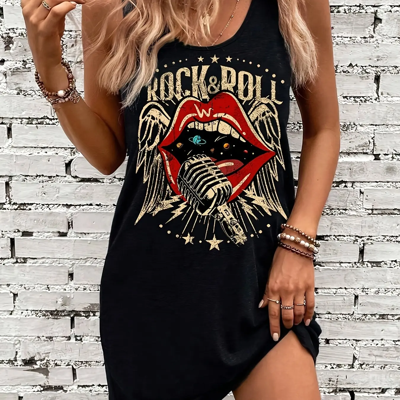 Women's Black Sleep Tank Dress Red Lips Women's Black Tank Top Dress Summer Sleeveless Loose and Comfortable Soft Vacation Punk