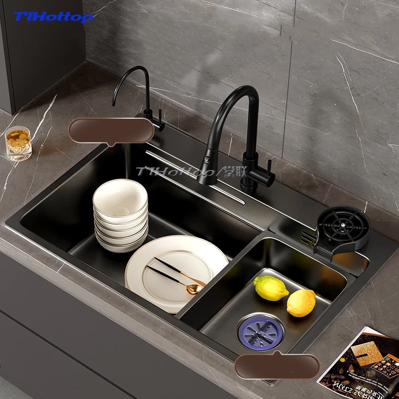 Kitchen Stainless Steel Sink Black Nano Washbasin Large Single Sink Washbasin Basin Thickened Dishwashing Tank