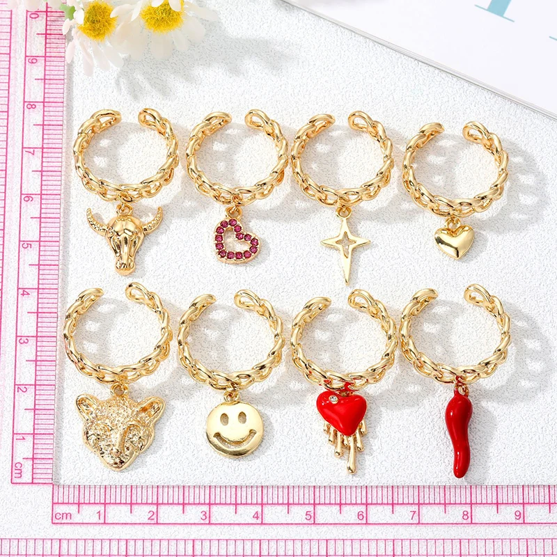 Heart Smile Star Cow Leopard Tassel Ring For Women Men New Vintage Punk Gold Color Adjustable Knuckle Ring Wedding Party Jewelry