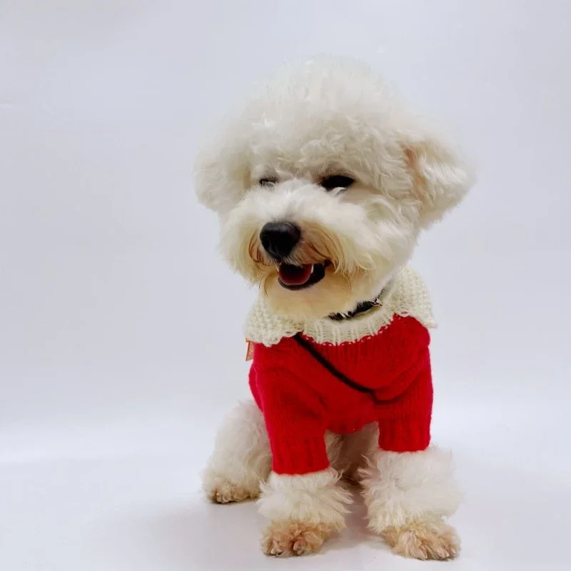 Cute Woven Pet Sweater Christmas Gift Cross Straddle Bag Puppy Kitty Bears Red Puppy CLothing Winter Warm Sweater Puppy Clothes