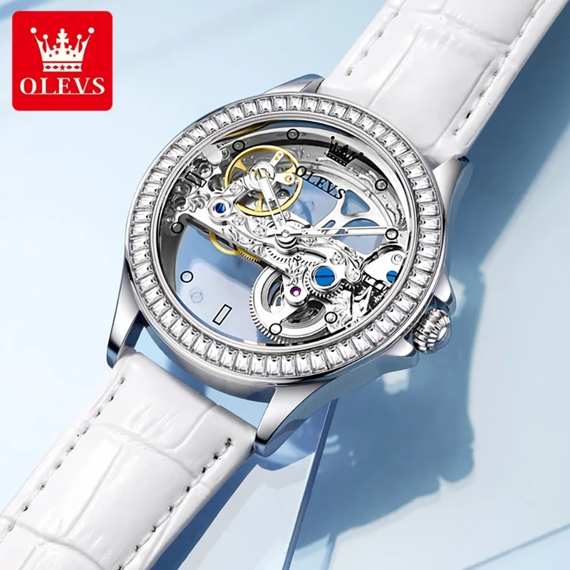 Olevs 6699 automatic watch women luxury lap double sided hollow out waterproof ladies mechanical wristwatch