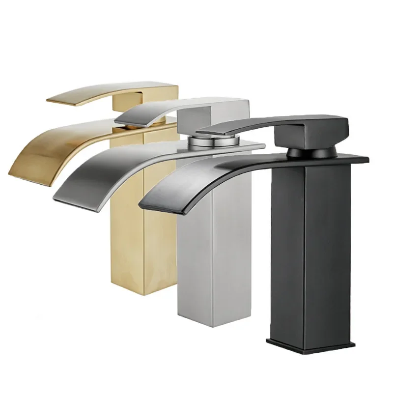 304 Stainless Steel Brushed Gold Waterfall Basin Faucet Hot/Cold Mixing Bathroom Four-Way Basin Faucet
