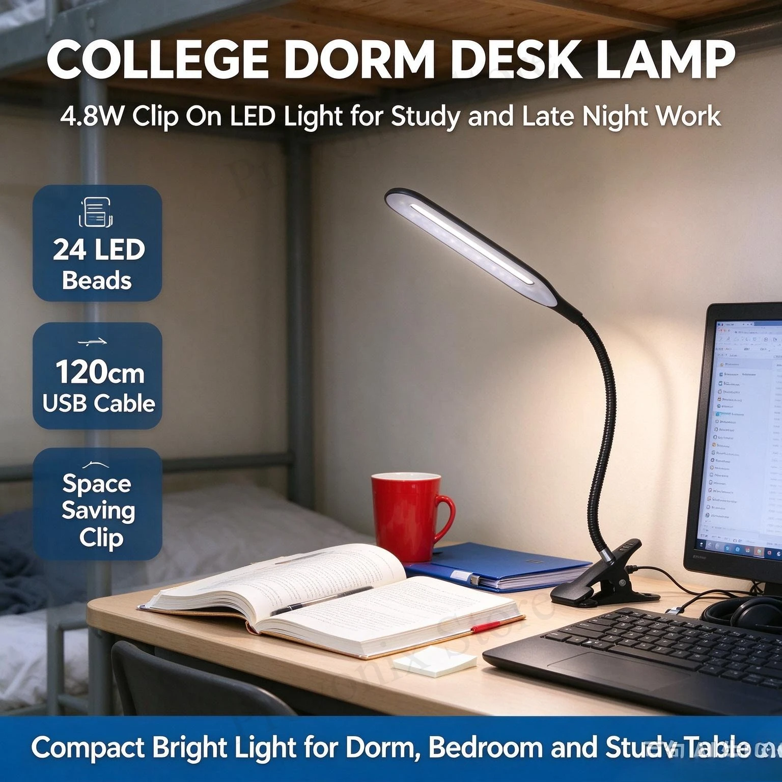 Lámpara de escritorio LED con pinza, luz blanca fría de 6500K, cable de 120 cm, lámpara con pinza para mesita de noche, lectura, estudio, trabajos manuales, reparaciones y tareas que requieren iluminación.