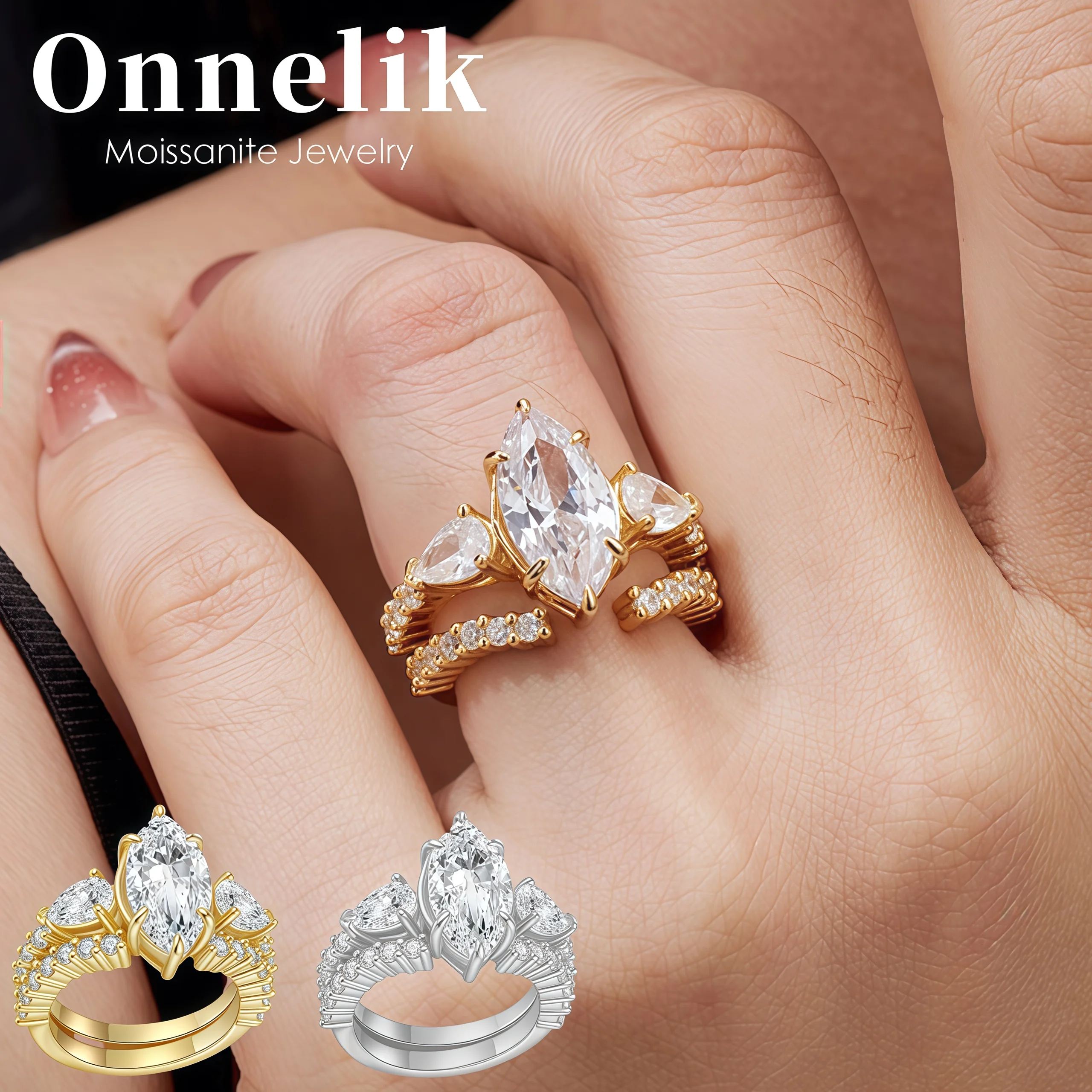 

Onnelik 100% S925 Sterling Silver 3CT D VVS1 Marquise Cut Moissanite Diamond Ring Wedding Engagement Fine Jewelry for Women Gift