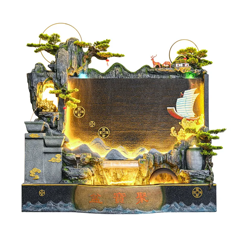 Large floor-to-ceiling water curtain wall rockery flowing water screen ornament living room lucky feng shui wheel waterfall