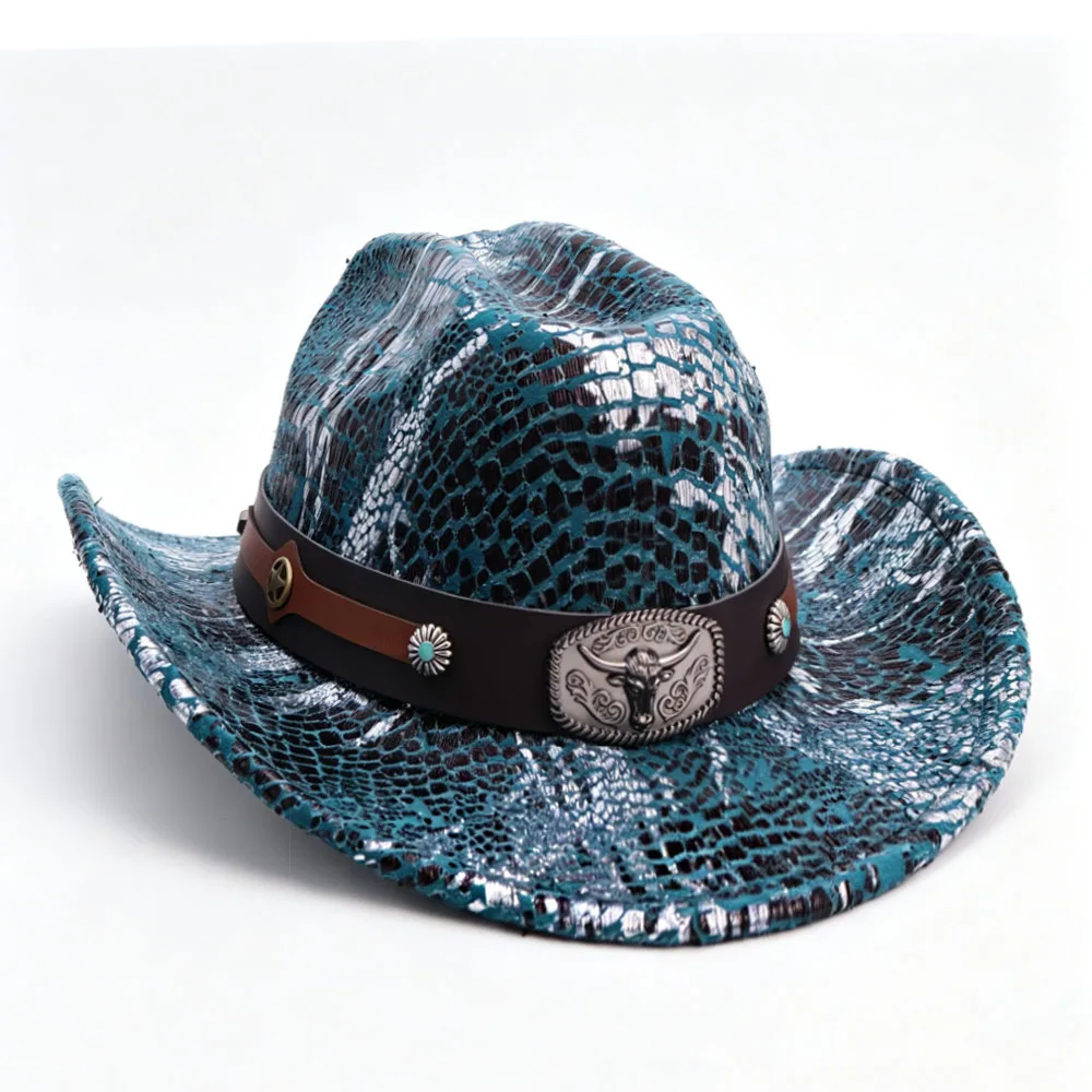 Red Silver Snakeskin Cowboy Hat Bull Head Leather Band Turquoise Star Women Vintage Western Cowgirl Rodeo Party Fedora Caps