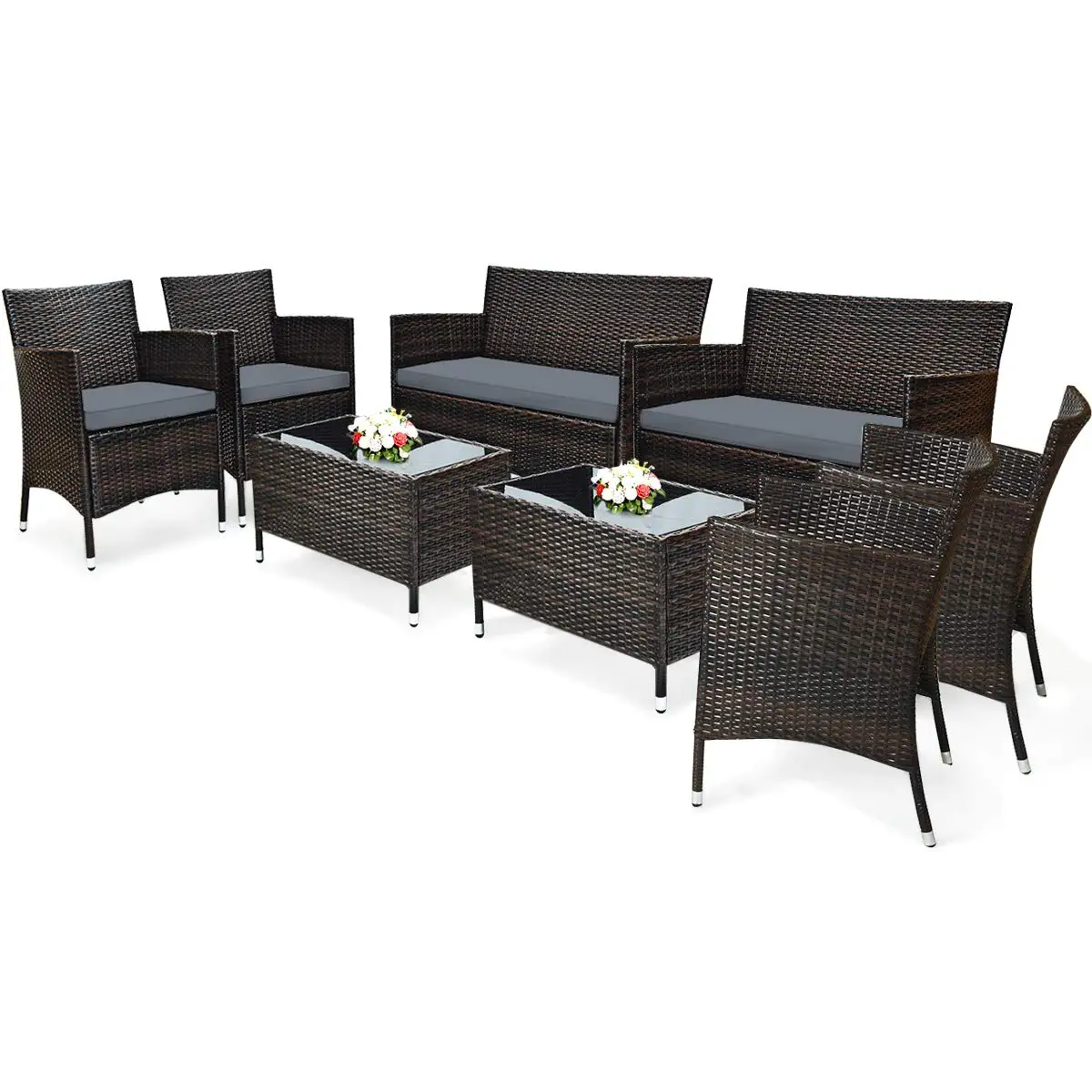 8 Pcs Rattan Patio Sofa Set Outdoor Wicker Furniture With Glass Table & Cushion For Garden Lawn Backyard Gray, Customized