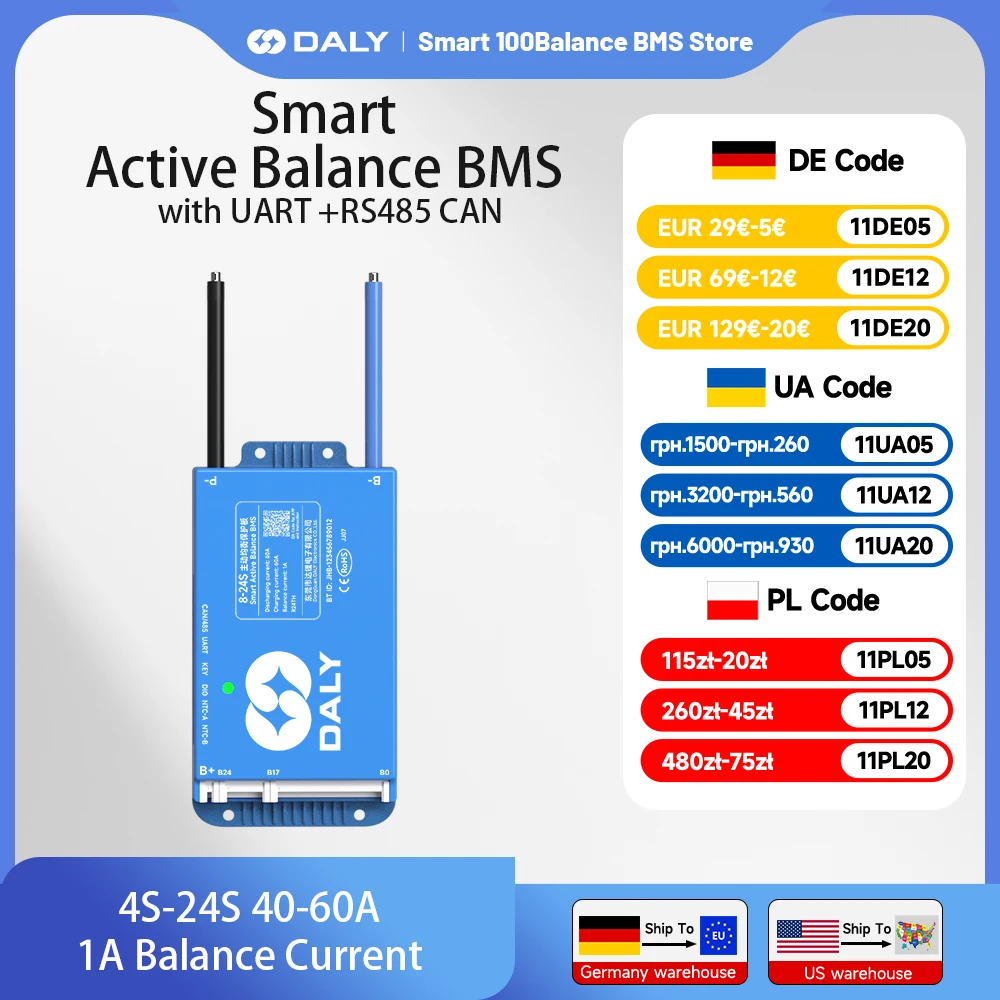 

DALY Smart BMS 4s-8s 8s-17s 8s-24s 40A 60A встроенный активный баланс Bluetooth для lifepo4 li-ion lto
