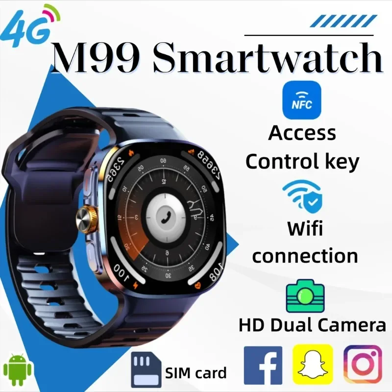 New M99 5G Smartwatch2.4-inch AMOLED Android OS Rotary Camera SIM Card Slot WiFi 24/7 Health Monitoring for Men and Women