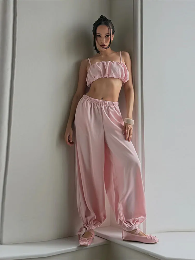 Plissierte kurze Tube-Tops, Hosenanzüge für Damen, sexy Spaghettiträger, ärmelloses, kurzes Top, elastische Taille, Schnürhose, neue Outfits – Detail 31
