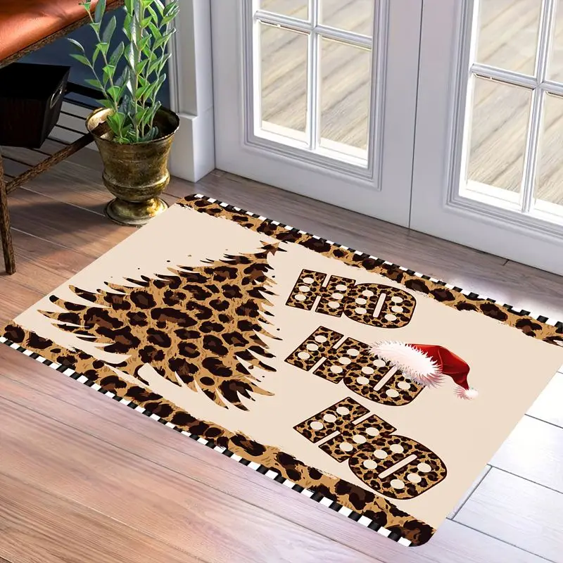 VIKAMA Leopard-Print Christmas Doormat, Machine-Washable Non-Slip Entryway Mat, Festive Decorative Rug, Home Decor