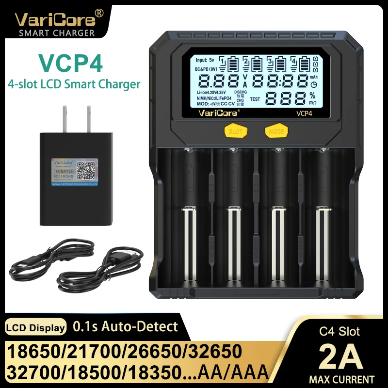Varicore 18650 Battery Charger VCP4,3.7V 18350 14500 18500 21700 26650 1.2V AAA NiMH Lithium LCD Charger