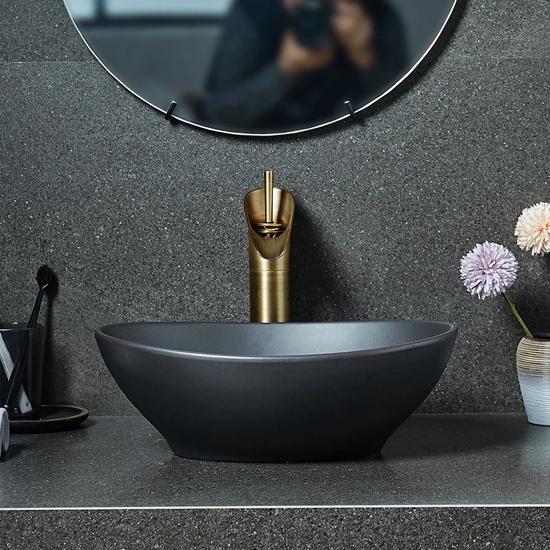 Black flower shape Chinese Cloakroom Counter Top porcelain wash basin bathroom sinks ceramic art round wash basin countertop