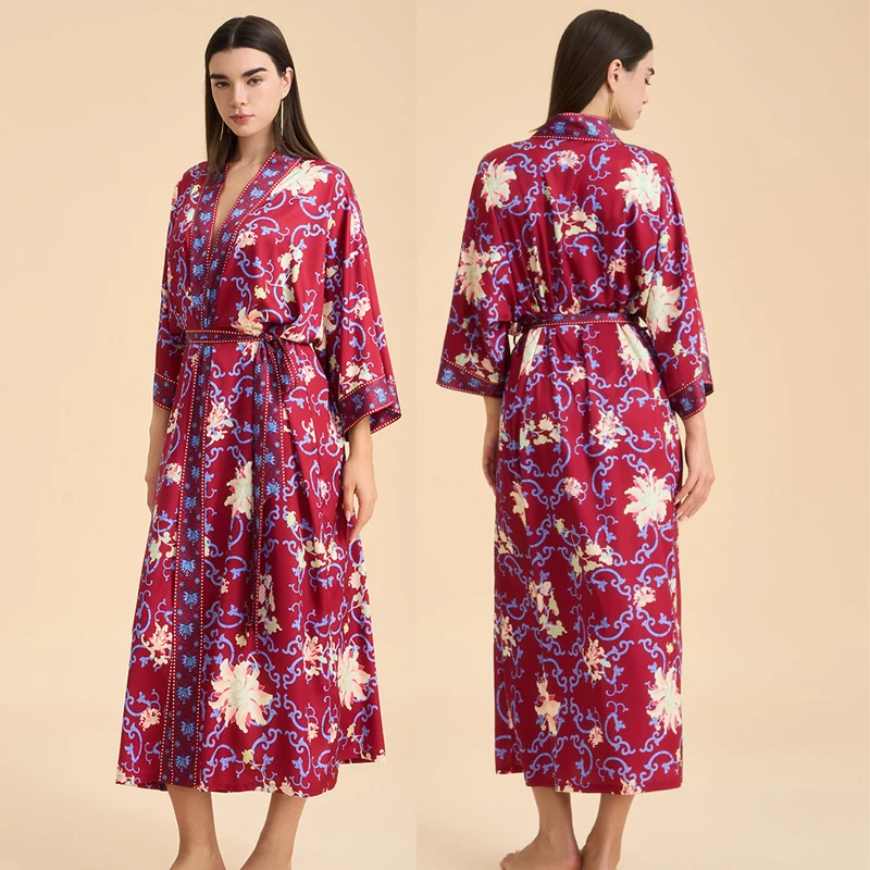 

Женский длинный халат, домашнее платье, весна-лето, одежда для сна, ночная рубашка, элегантное кимоно с цветочным принтом, халат, свободная домашняя одежда, нижнее белье