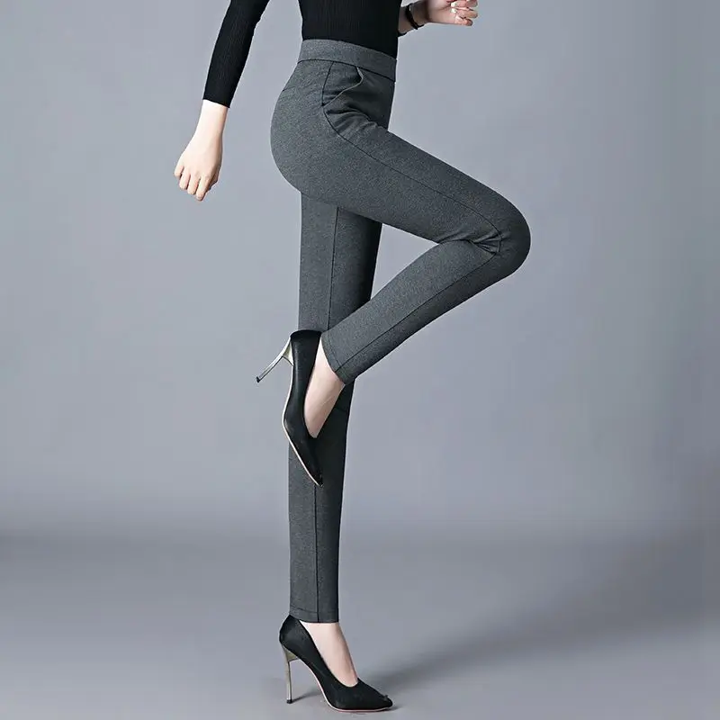 กางเกงขายาวทรงตรงเอวสูงผ้ายืดสำหรับผู้หญิง สไตล์ลำลอง เหมาะกับฤดูใบไม้ผลิและฤดูใบไม้ร่วง ช่วยให้ดูขาเรียวสวย