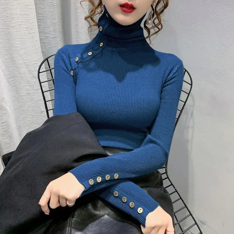 

Long Sleeve Knitting Sweaters Pullovers Solid Korean Fashion Slim Simplicity Elegant Temperament Undercoat Women's Clothing